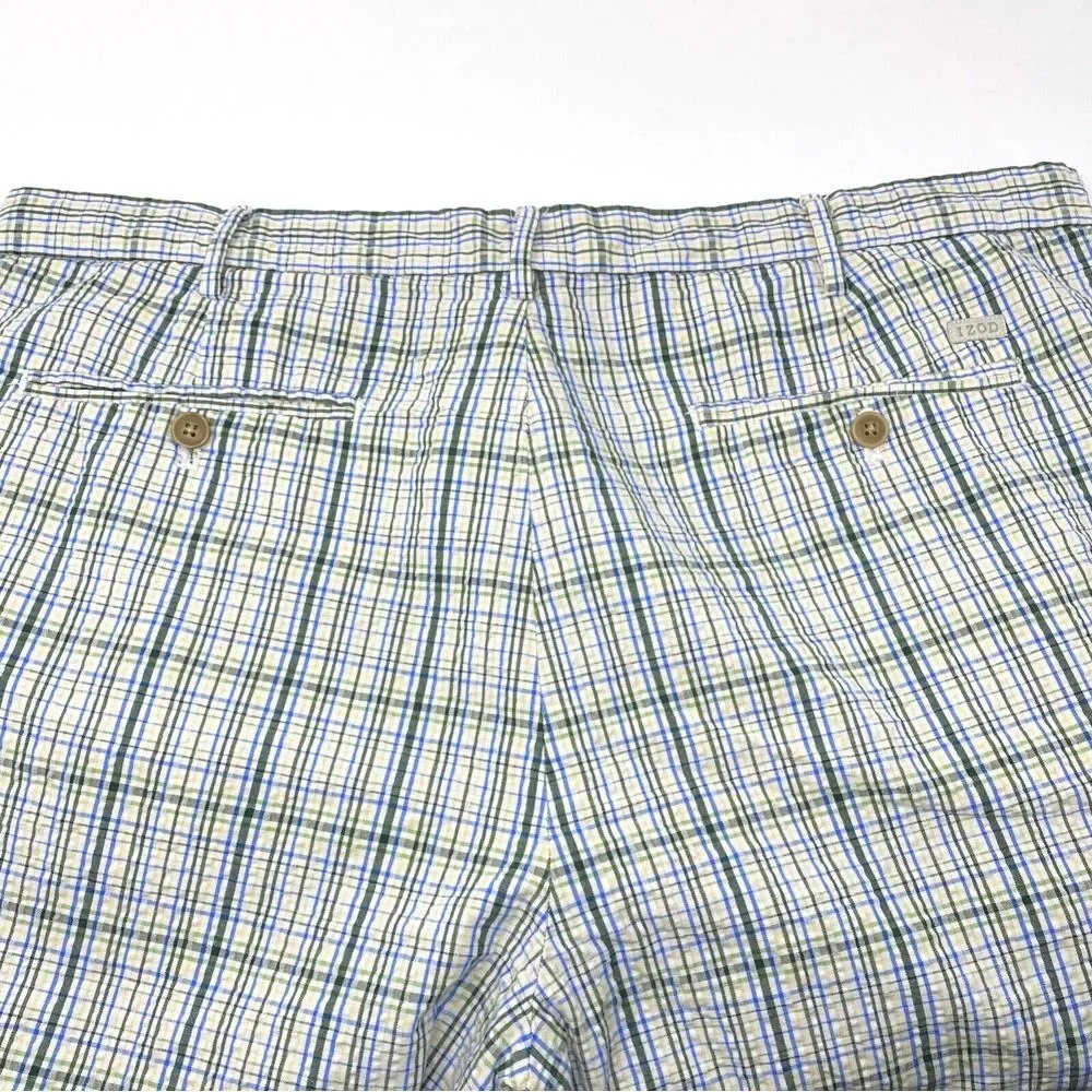 IZOD Mens Golf Shorts Blue Green Yellow Check Bermuda Pockets Size‎ 40
